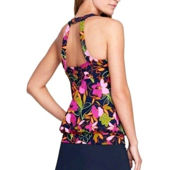 LANDS' END Tankini Swim Top Size 16W 10 Deep Sea Jungle Print Blouson  Blue - Picture 2 of 6